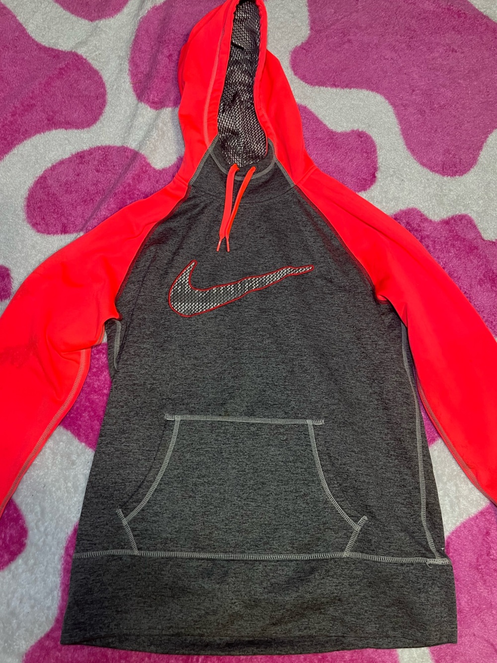 Nike Gray and Bright Red Athletic Hoodie with Swoosh